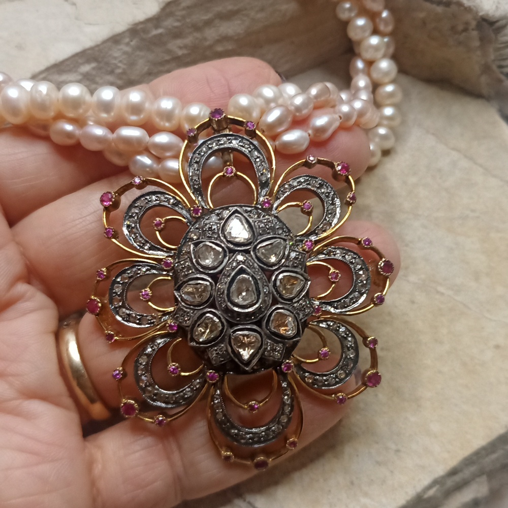 Natural Pearl Antique Paste Diamond Cut Glass & Ruby pendant Statement Necklace - Picture 10 of 10